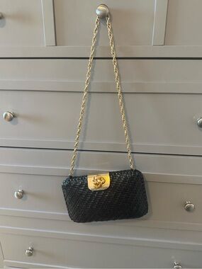 Woven Black Shoulder Bag with Gold Chain and Clasp